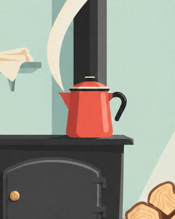 The red enamel coffee pot steaming on the black wood-burning stove
