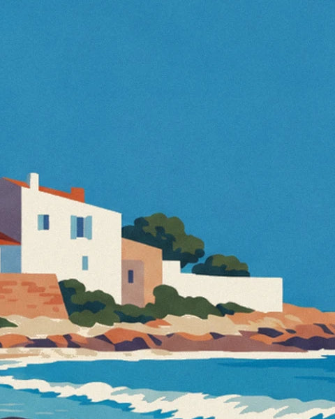 A white farmhouse with blue shutters and an orange roof, green pines on the rocks by the water