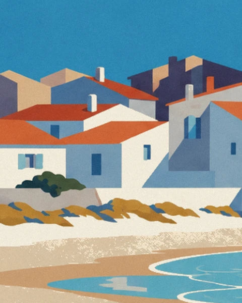 The white houses with orange roofs and blue shutters, with golden dunes in front and the sea below