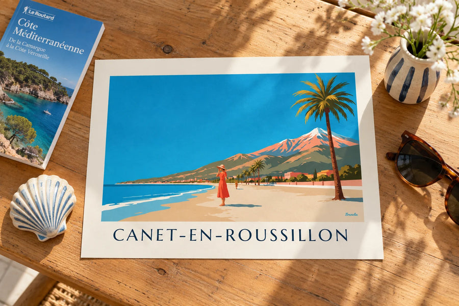 Poster donna in riva al mare a Canet-en-Roussillon: appoggiato su un tavolo