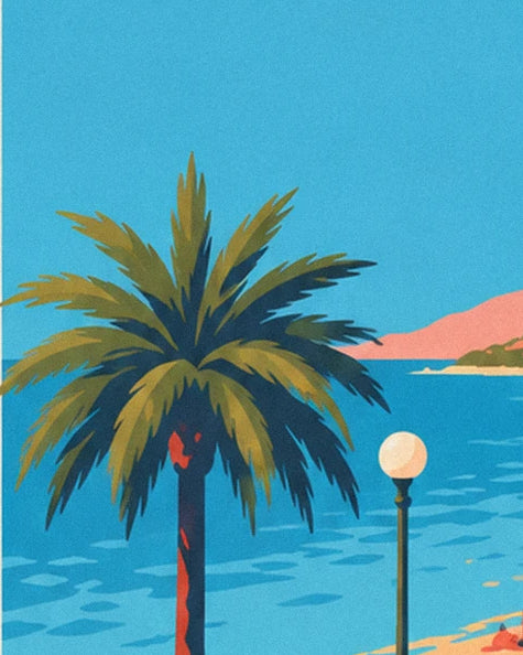 The palm tree by the water, its street lamp with a white globe and the pink headland in the distance