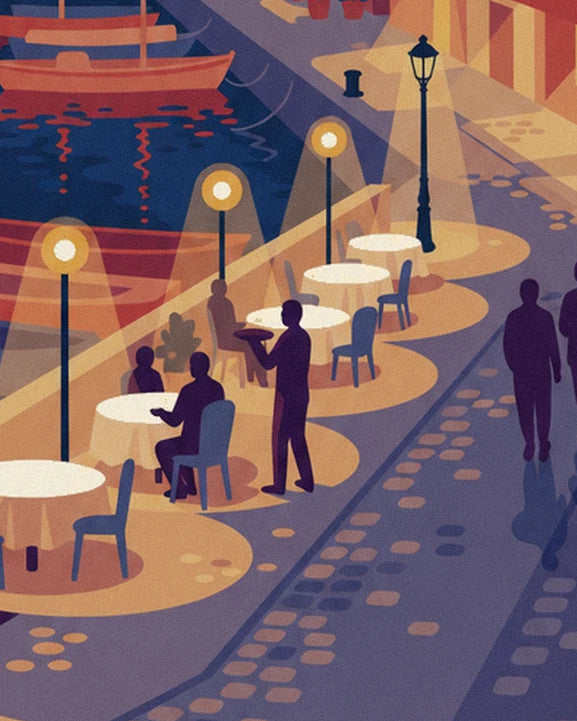Die runden Tische und Figuren auf der Terrasse unter den Lichtern des Quais