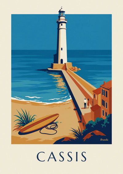 Affiche phare de la jetée de Cassis et planche de surf : l'affiche entière