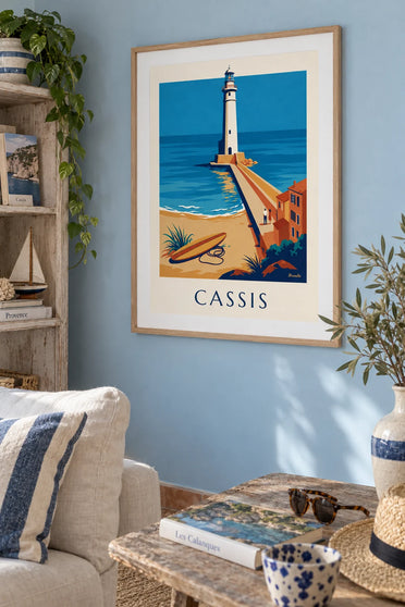 Poster of the Cassis pier lighthouse and a surfboard: framed on the wall