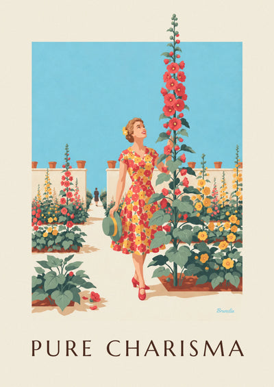 Poster donna con abito a fiori in un giardino soleggiato: il poster intero