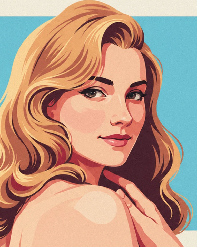 La pin-up blonde aux longues ondulations, regard de côté, main sur l'épaule