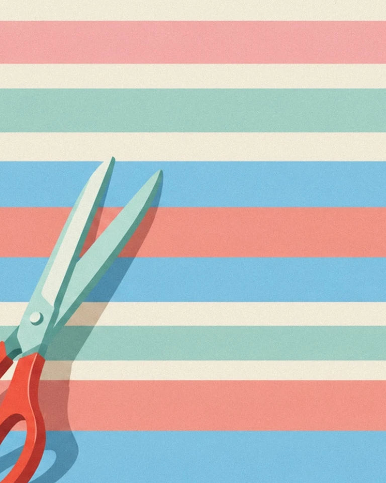 Handmade sewing spool, scissors and needle poster: close-up detail