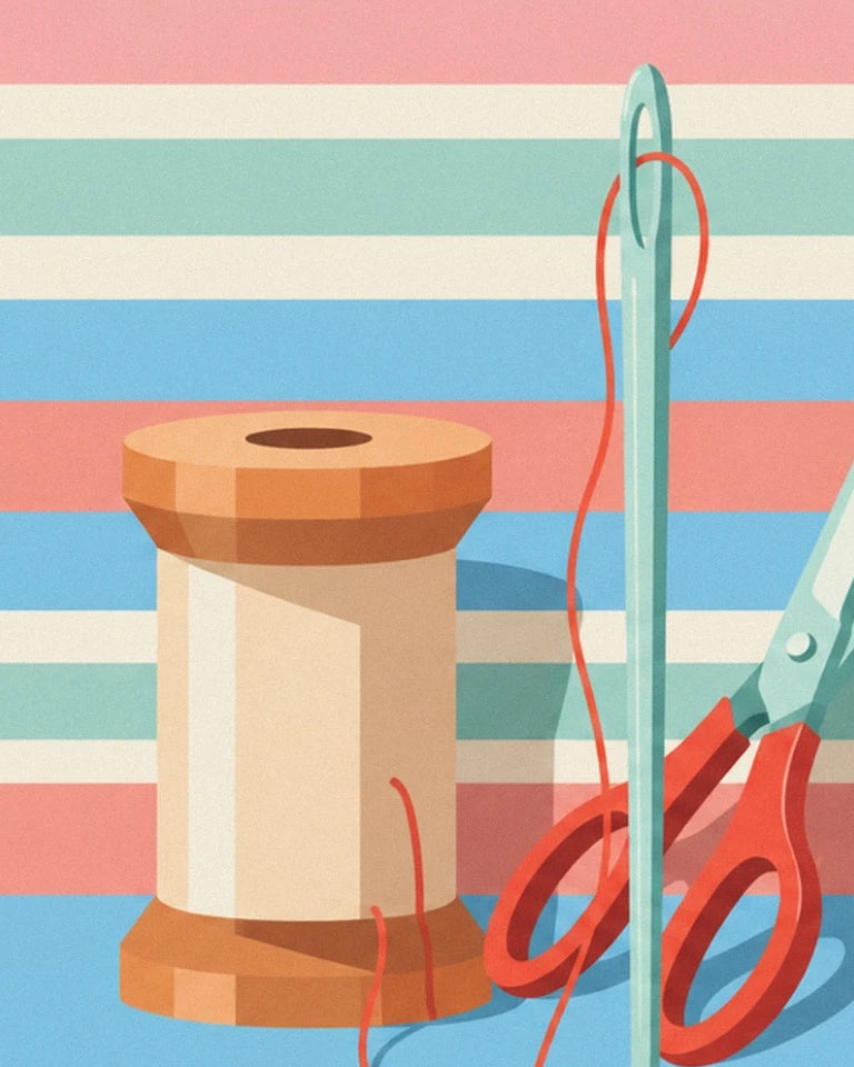 Handmade sewing spool, scissors and needle poster: close-up detail