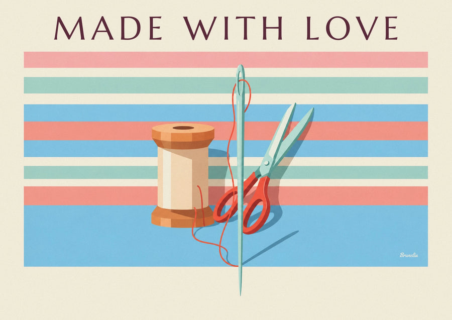 Handmade sewing spool, scissors and needle poster