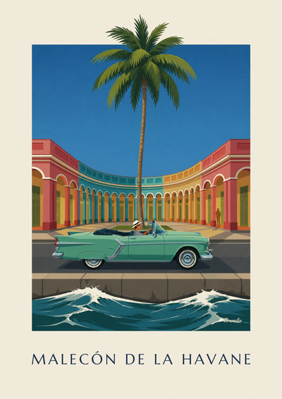Affiche décapotable vert menthe sur le Malecón de La Havane : l'affiche entière
