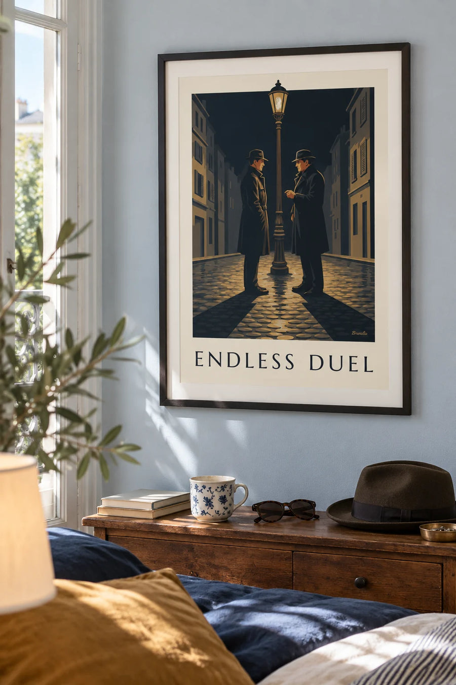 Poster di un duello da film noir sotto un lampione, in una notte di pioggia: incorniciato alla parete