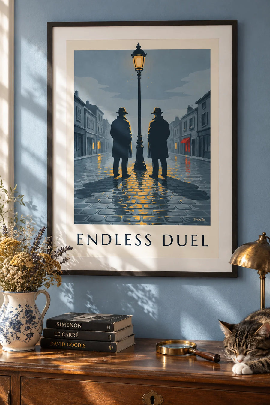 Film noir duel poster under a streetlamp on a rainy night: framed on the wall