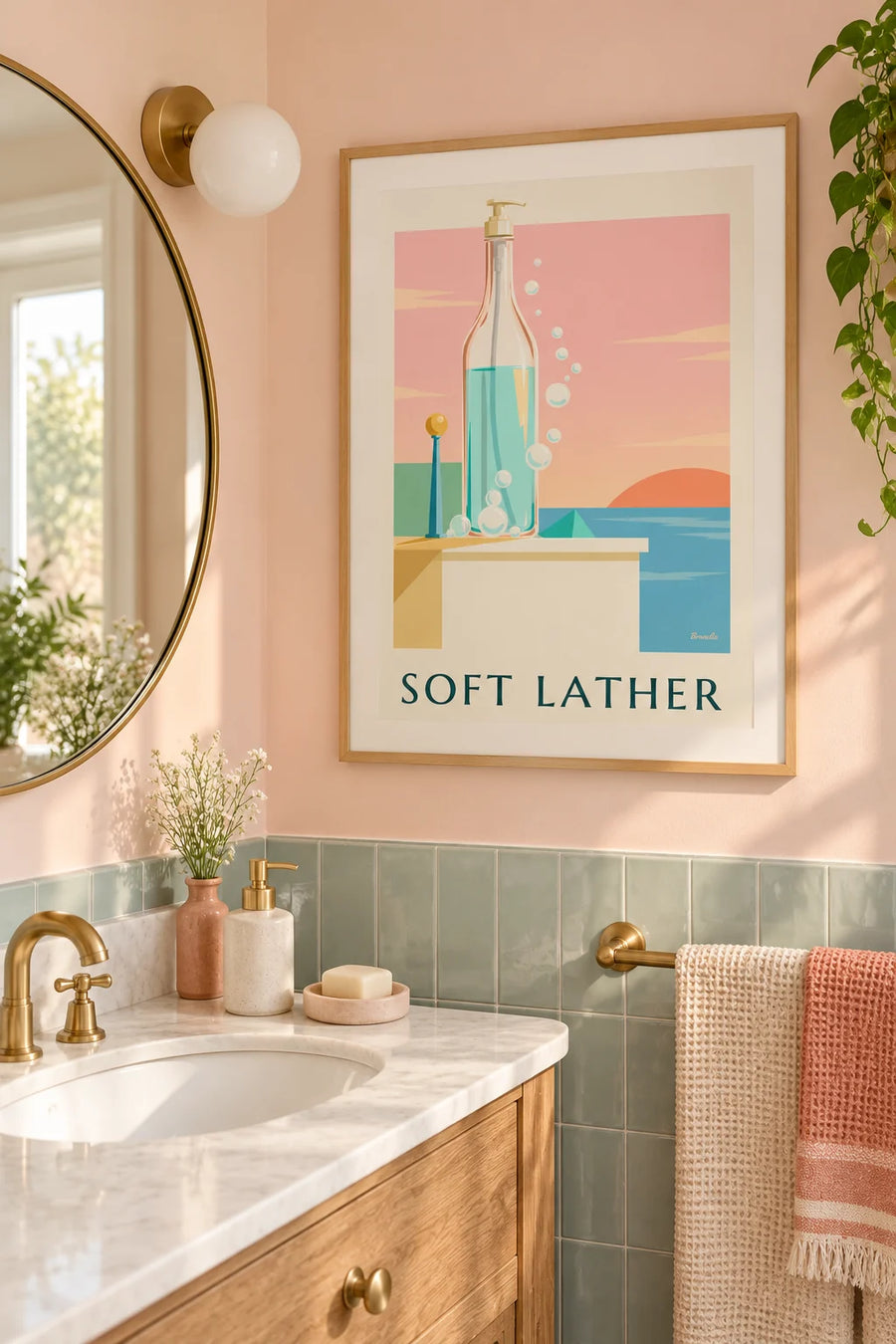 Poster Flasche Flüssigseife und Seifenblasen im Badezimmer: gerahmt an der Wand