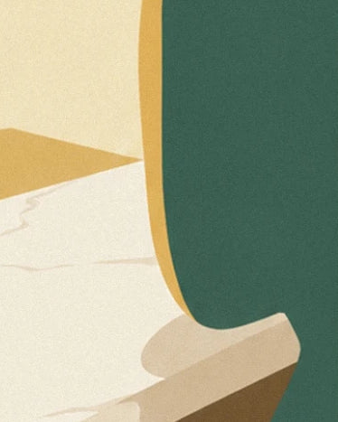 A deep green shape edged in ochre in front of a cream counter with beige veining