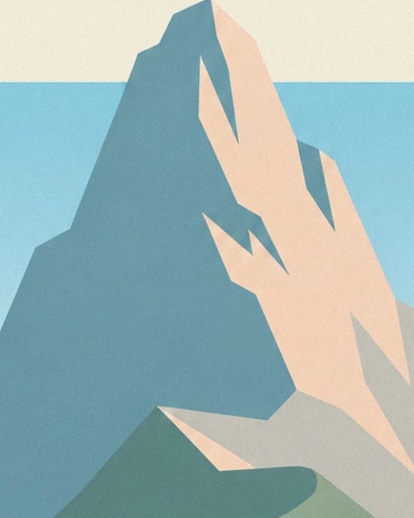 A steep peak with slate blue and pale pink faces against a light blue sky