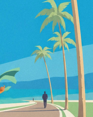 Les palmiers bordant la route côtière et une silhouette au loin face à la mer turquoise