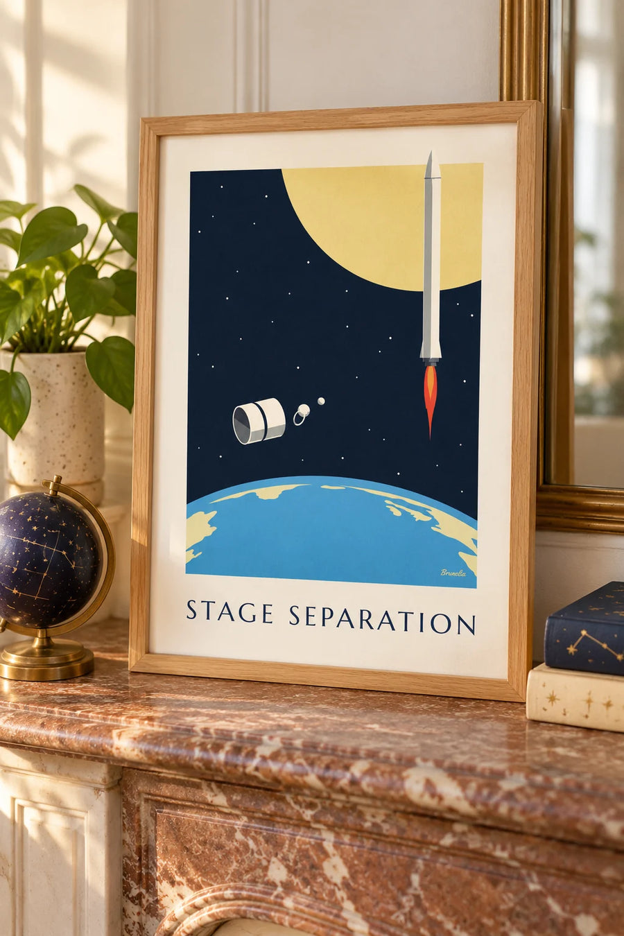 Affiche étages de fusée se séparant au-dessus de la Terre : petit format A4 encadré