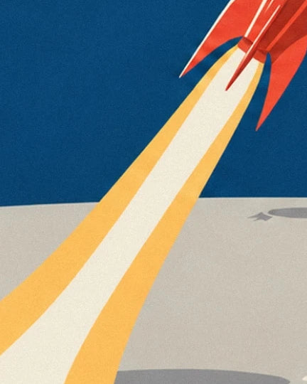The red rocket and its long white plume edged with yellow above the Moon