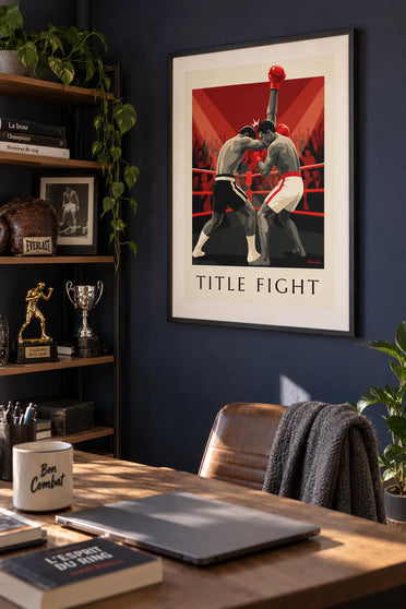 Poster incontro di boxe tra campioni sul ring in rosso e nero: incorniciato alla parete