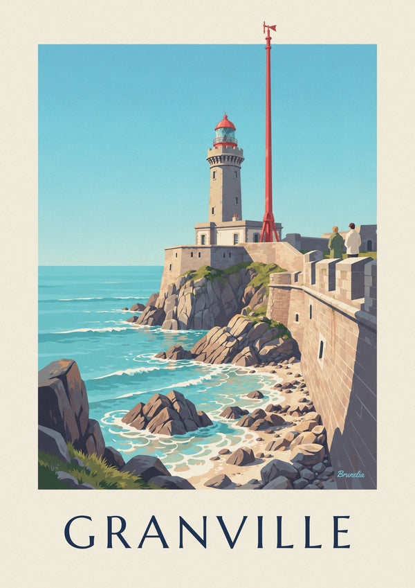 Poster faro bianco con lanterna rossa sugli scogli di Granville