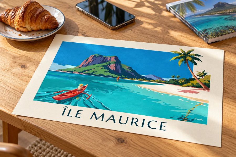 Poster Lagune, Kokospalmen und Le Morne Brabant auf Mauritius: auf einem Tisch