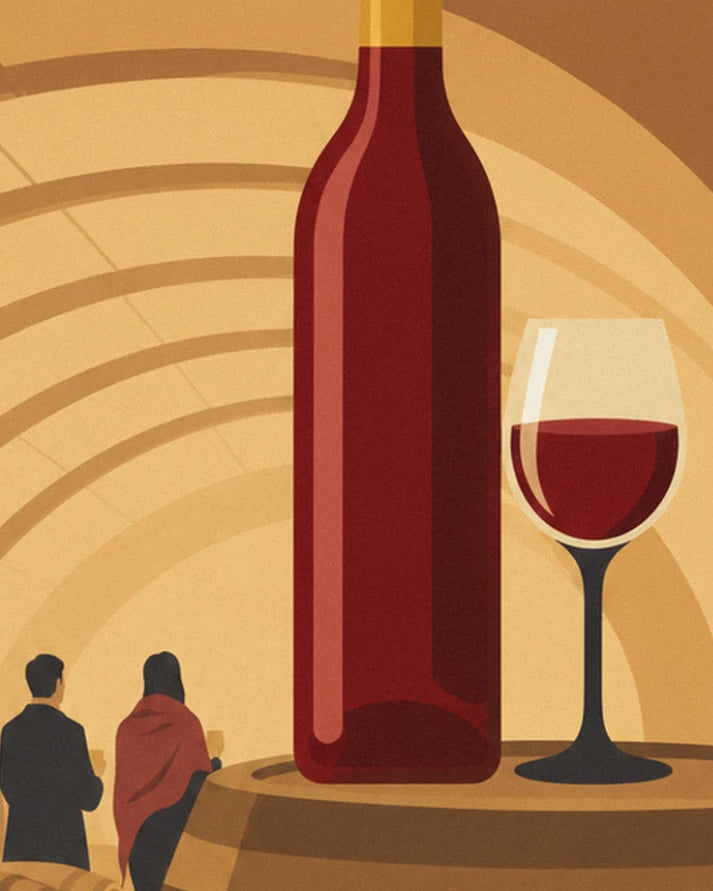 A bottle and glass of red wine on a barrel, with 2 visitors seen from behind in the cellar