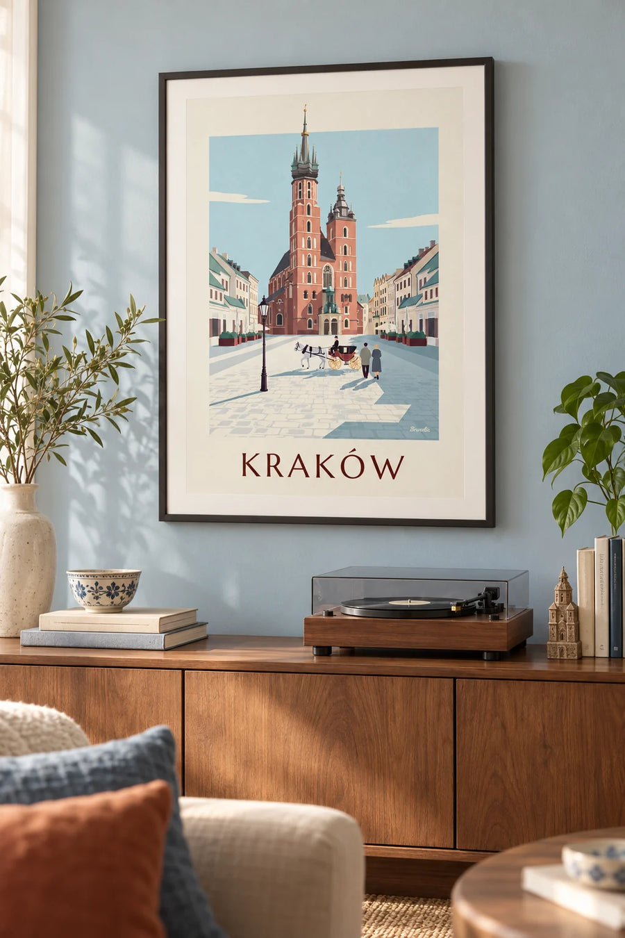 Poster con basilica di Santa Maria e carrozza nella piazza di Cracovia: incorniciato alla parete