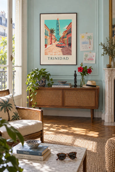 Poster Oldtimer in den Straßen von Trinidad auf Kuba: gerahmt an der Wand