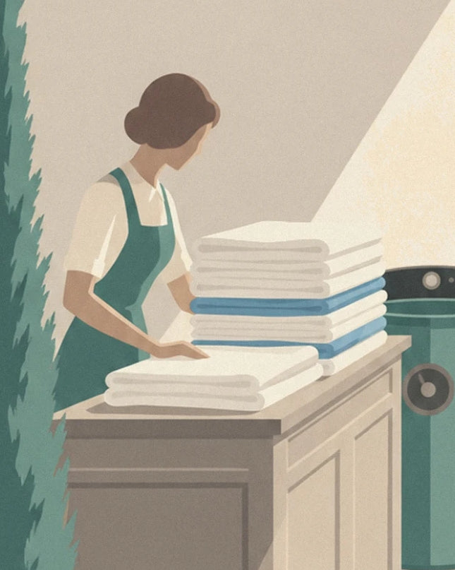 La blanchisseuse en tablier vert plie une pile de linge blanc et bleu sur le comptoir en bois