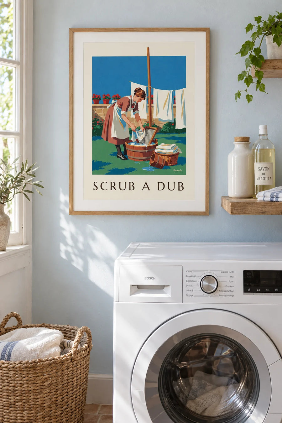 Poster donna con asse per il bucato in un cortile soleggiato: con cornice appeso al muro
