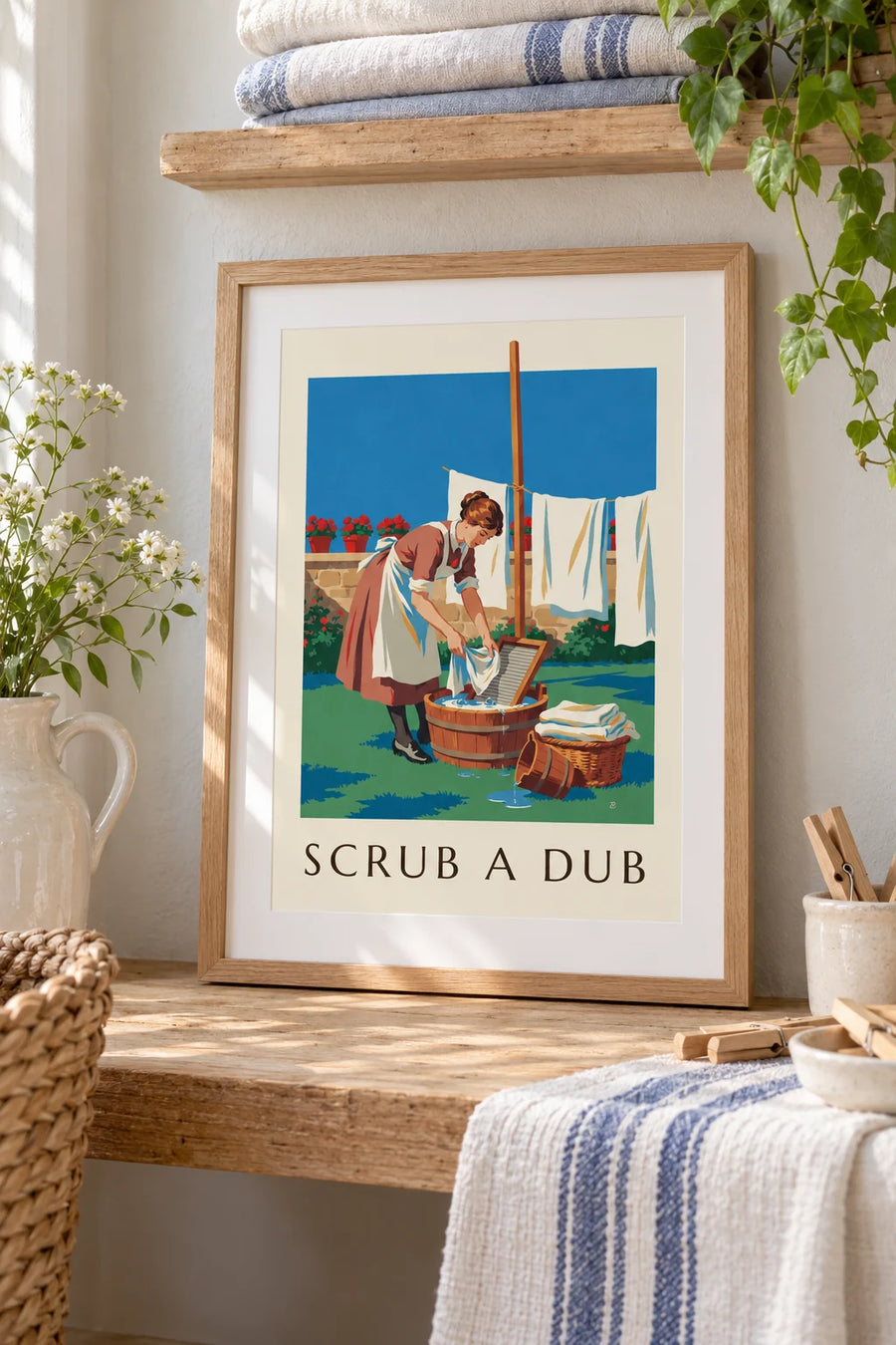 Poster donna con asse per il bucato in un cortile soleggiato: piccolo formato A4 con cornice