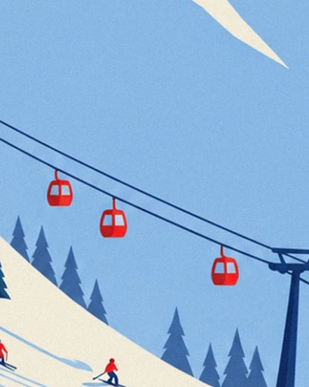 Les 3 télécabines rouges au-dessus des sapins bleus et des skieurs sur la pente