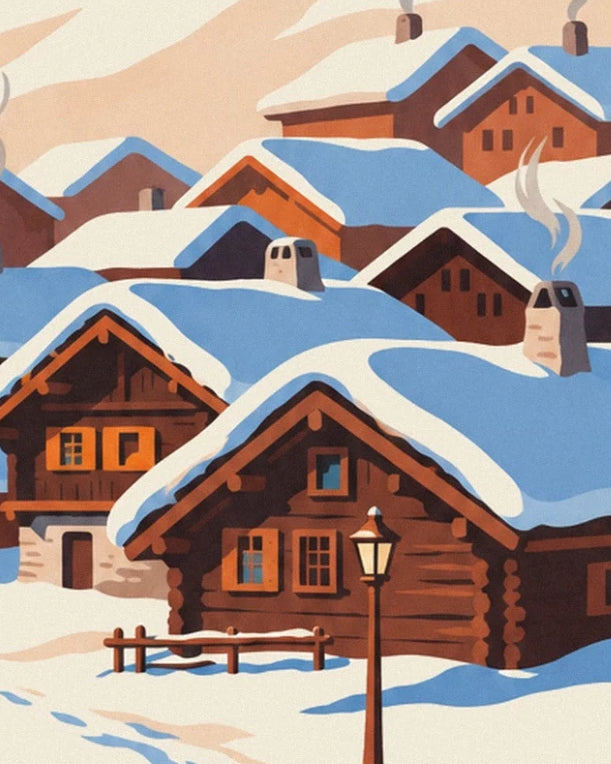 Chalets en rondins aux volets orange, toits chargés de neige, lampadaire et clôture en bois