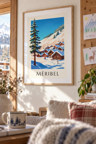 Affiche chalets en bois de Méribel sous la neige : encadrée au mur