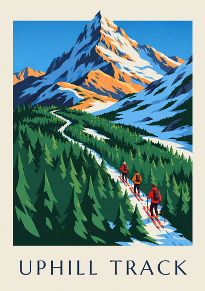 Affiche 3 skieurs de randonnée montant à travers les sapins : l'affiche entière