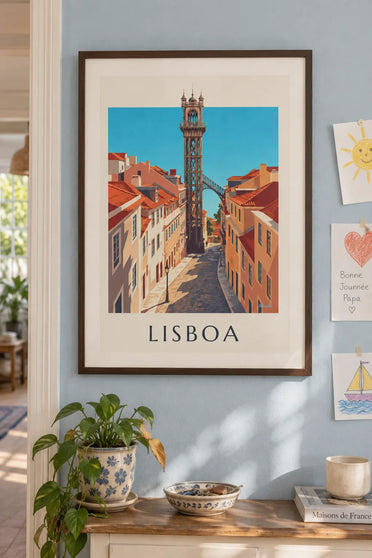 Affiche ascenseur de Santa Justa à Lisbonne : encadrée au mur
