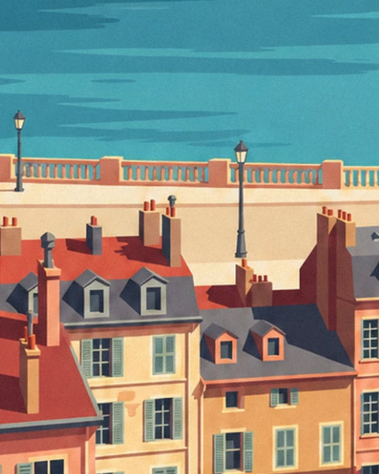 Ochre façades with green shutters and dormer windows, beneath the quay's balustrade and street lamps