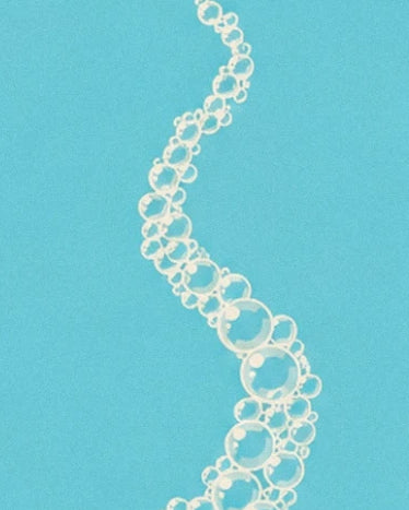 Un chapelet sinueux de bulles aux contours crème sur fond turquoise