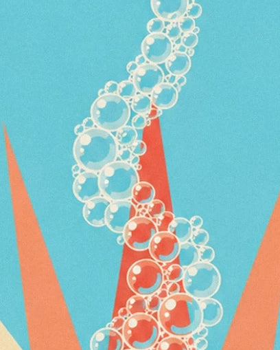 Une cascade de bulles aux contours crème sur des rayons turquoise et corail