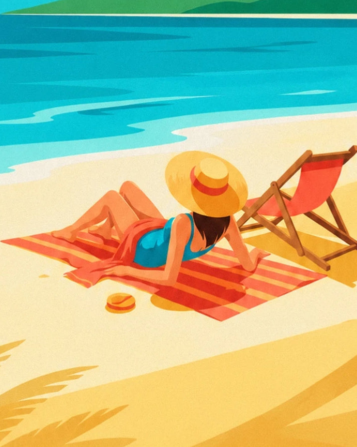 A woman in a straw hat on a striped towel near a red deckchair