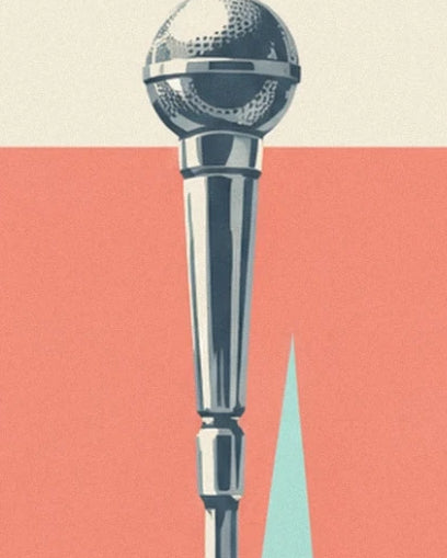 The chrome microphone with a round grille against a cream and coral background