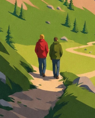 Les 2 randonneurs en vestes rouge et verte sur le sentier bordé de pelouses