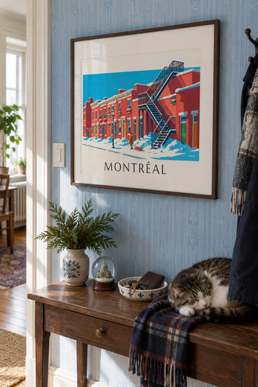 Poster of the Plateau-Mont-Royal staircases under the snow in Montréal: framed on the wall