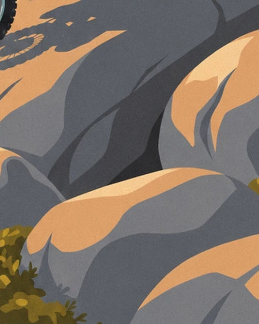 Des blocs rocheux gris et orangés, bordés de touffes de végétation vert olive