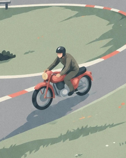 The helmeted rider in green on his red motorbike on a bend in the Stelvio