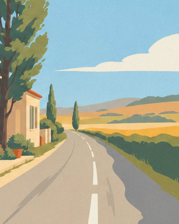 The country road stretching between golden fields and cypresses