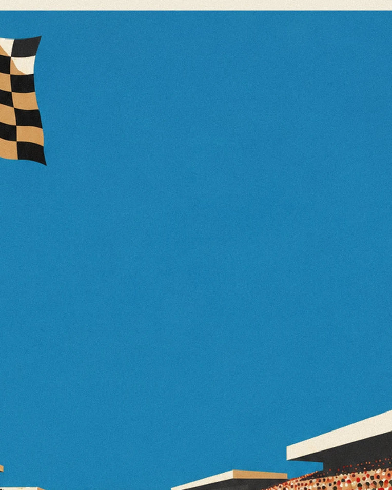 Poster Motorrad überquert die Ziellinie unter der Zielflagge: Detail in Nahaufnahme