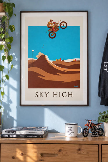 Poster pilota di motocross in pieno salto sopra la pista: incorniciato alla parete