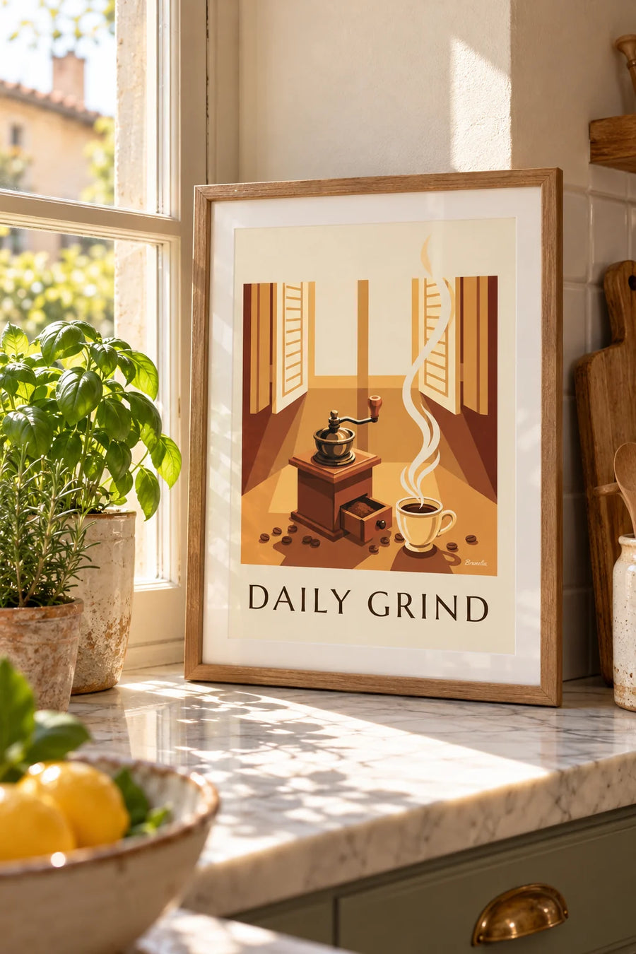 Affiche moulin à café en bois et grains de café : petit format A4 encadré
