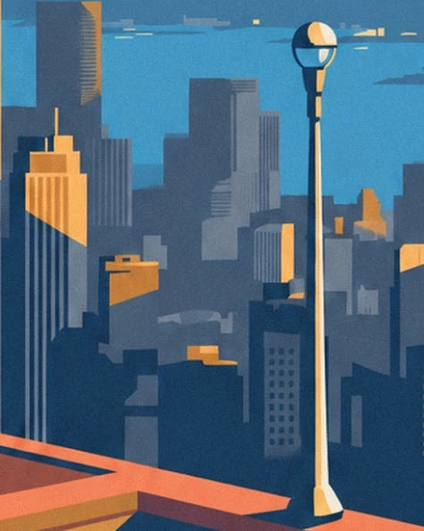 Un lampadaire au globe clair sur une terrasse orangée, devant les tours de Manhattan